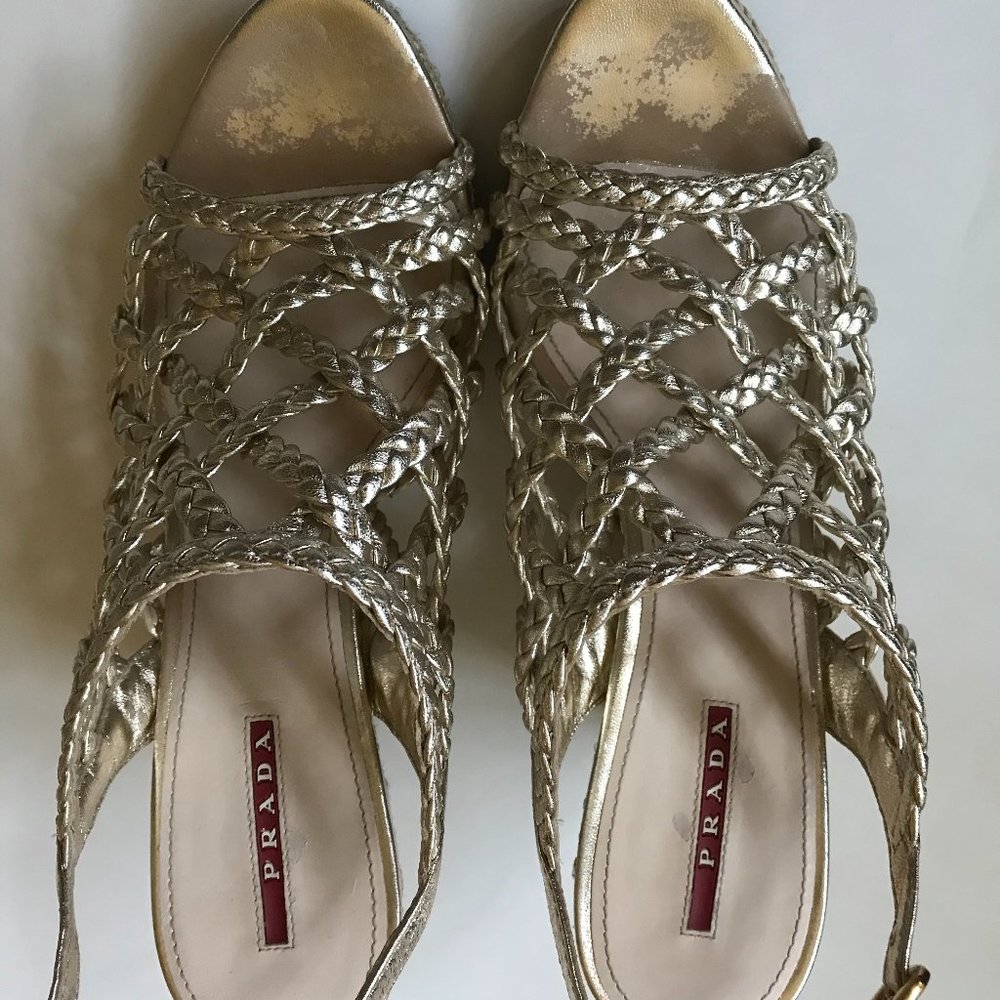 PRADA GOLD METALLIC WEDGE SANDAL